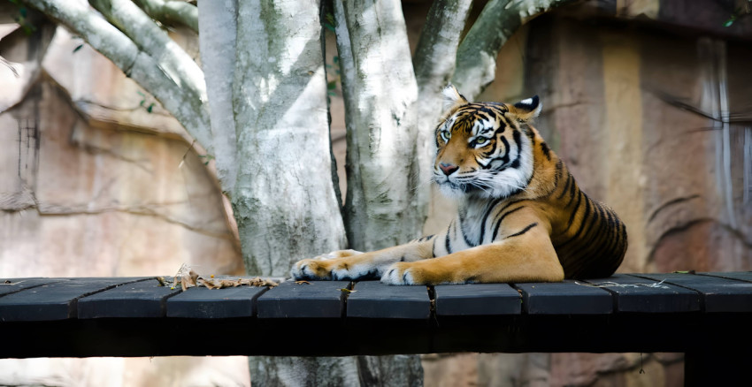 Serene Tiger Lying on the Riverbank Desktop Wallpaper