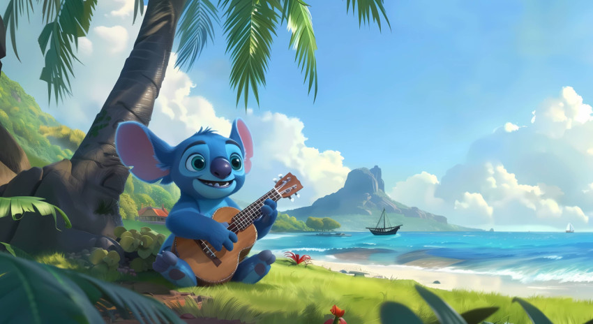 Stitch Playing Ukulele Sea Side 4K Image