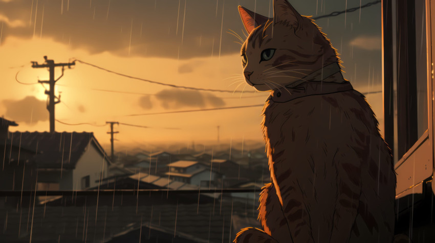 Cat on the Rain Background Wallpaper