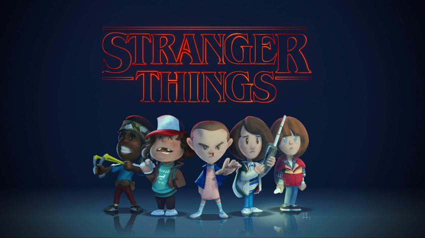 Stranger Things Cast Together Cartoon 4K Wallpaper