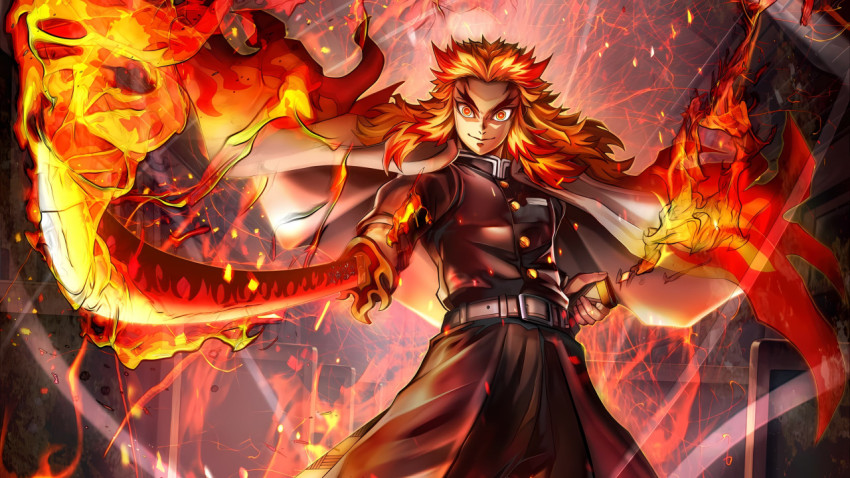 Kyojuro With Fire Behind Wallpaper