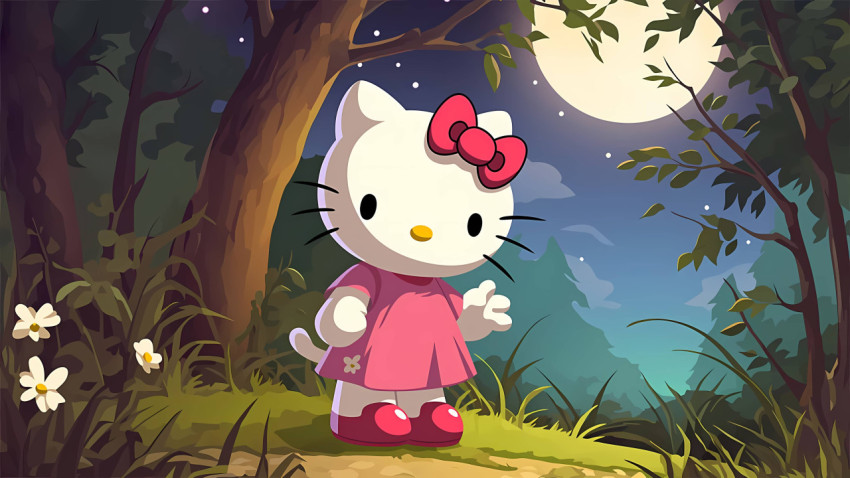 Beautiful Forest Moon Night Hello Kitty Wallpaper for Your Desktop Screen