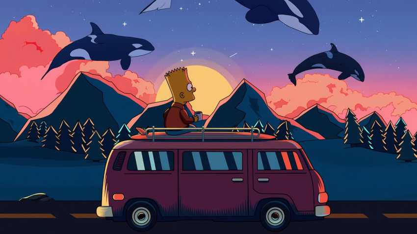 Bart Simpson Van Mountain Sunset 4K Wallpaper