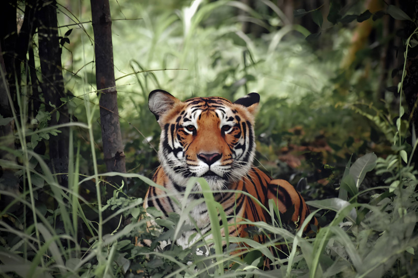 Tiger in Action Among Lush Green Forests Wallpaper