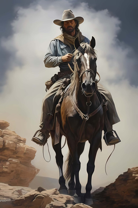 Cowboy on Horse in Dusty Mountain