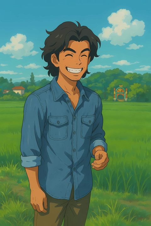 Green Fields & Bright Smiles - Happy Ghibli Anime Boy in a Peaceful Field