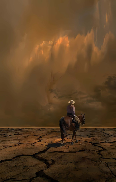 Cowboy on Horse with hat in Dusty Canyon