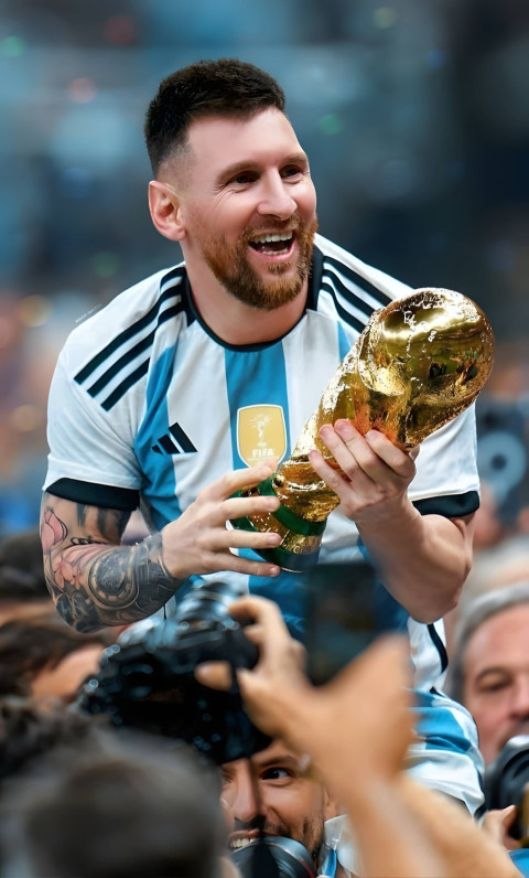 Messi Holding Trophy Ultra HD Wallpaper