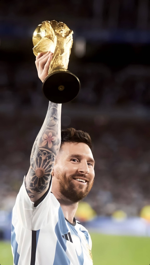 4K Messi Holding Trophy Wallpaper