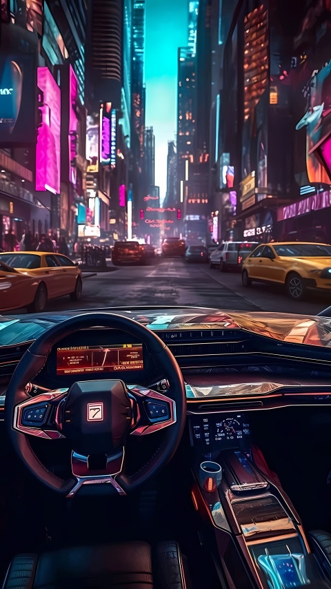 Car Staring Neon Light City Night View 4K