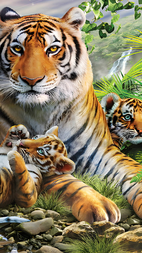 Tiger With Two Baby Wallpaper For Mobile